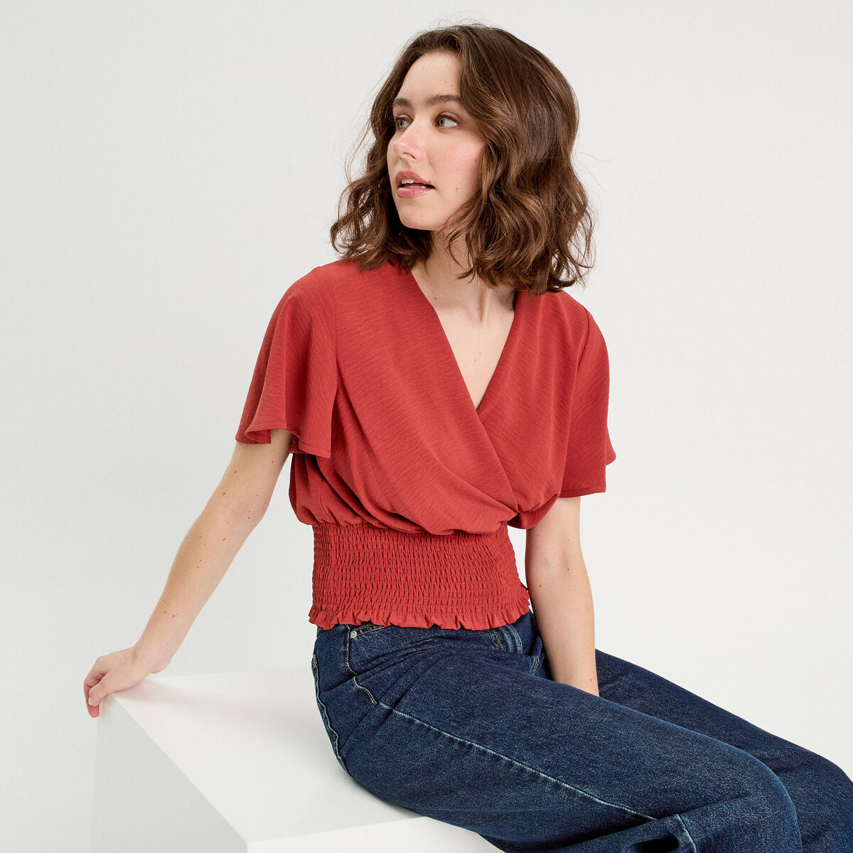 Blouse smock&eacute;e manches courtes vieux rose femme