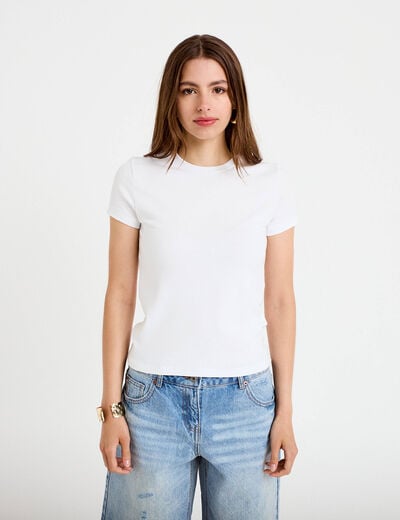 Top ajust&eacute; col rond manches courtes blanc femme