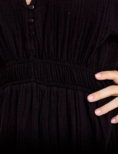 Robe midi pliss&eacute;e col v manches courtes noir femme