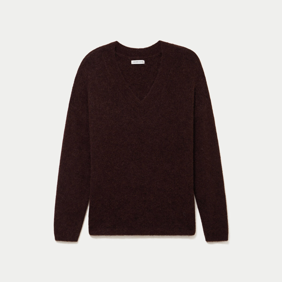 Pull col v manches longues marron fonc&eacute; femme