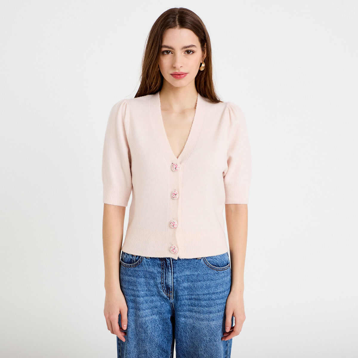 Pull manches courtes boutons brod&eacute;s rose clair femme