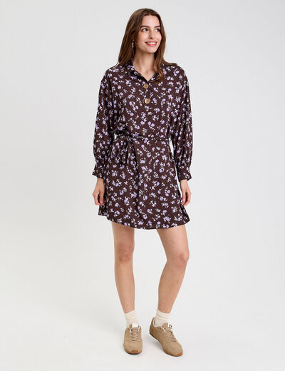 Robe courte droite col chemise marron fonc&eacute; femme