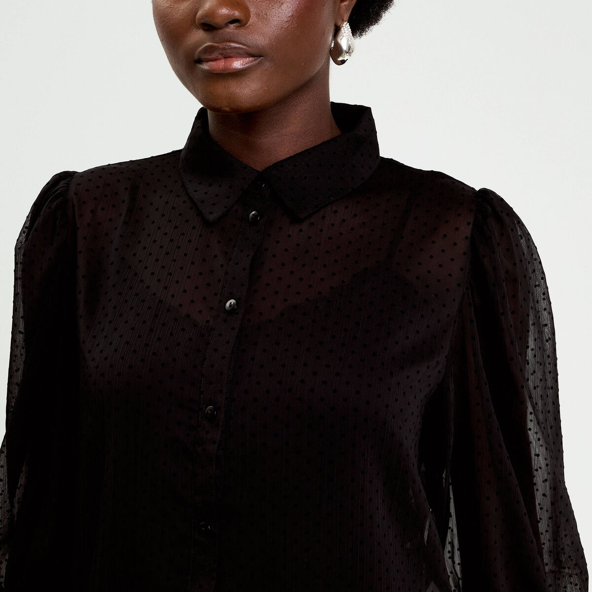 Chemise droite courte voile manches 3/4 noir femme