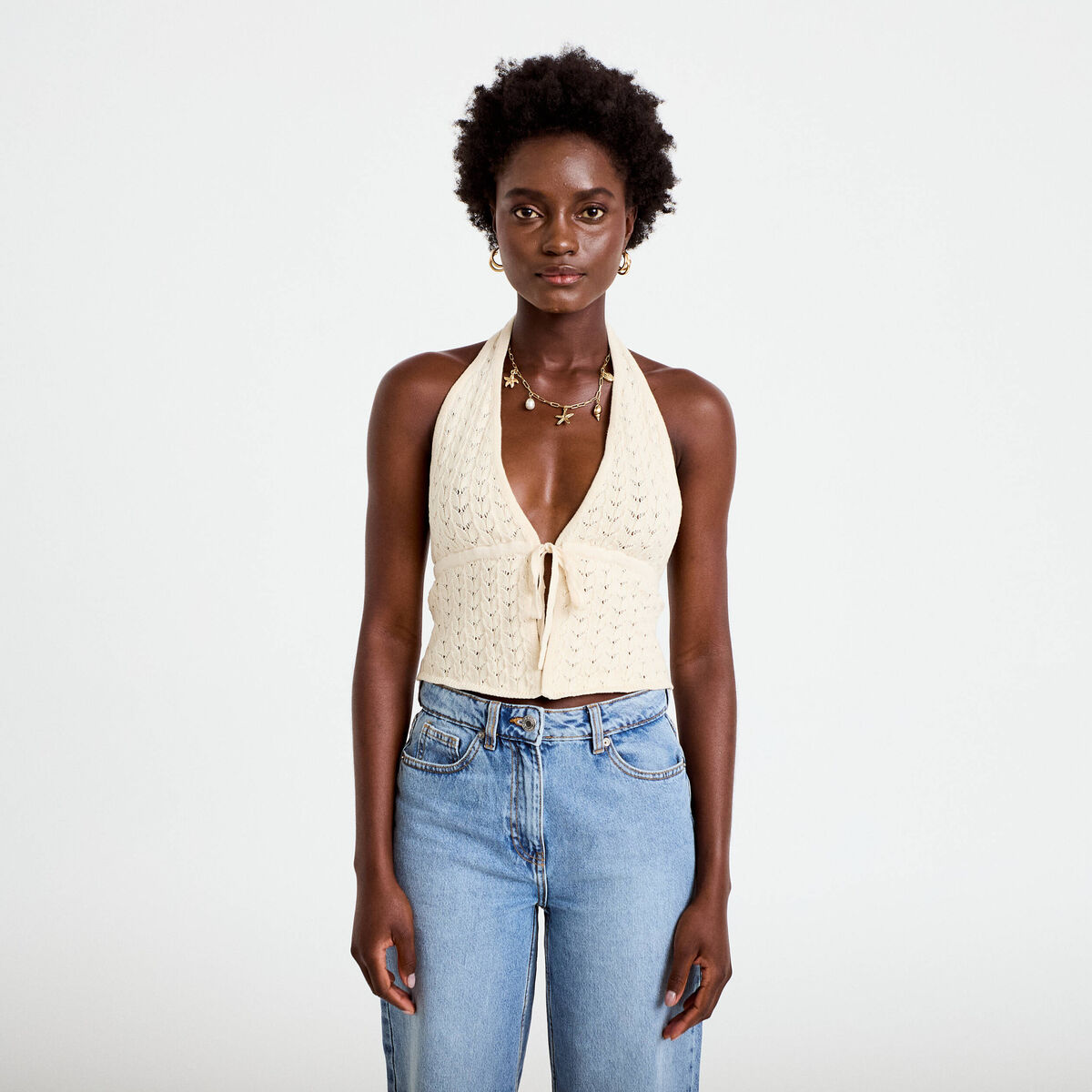 Top ajour&eacute; ecru femme