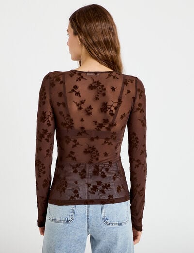 T-shirt ajust&eacute; manches longues marron cognac femme