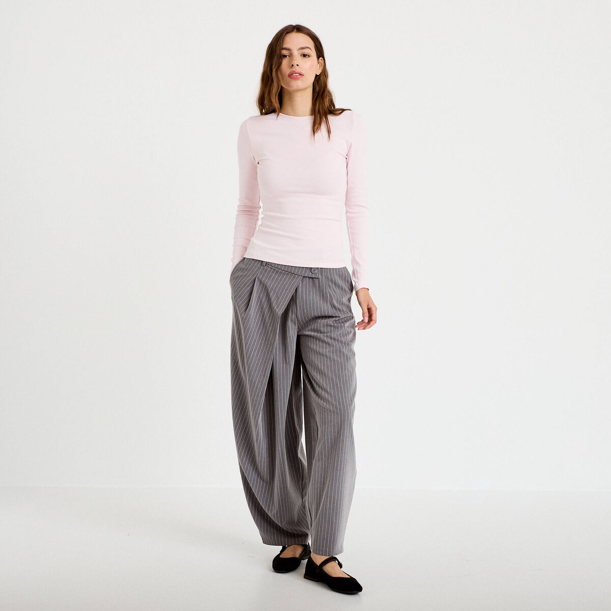 Pantalon barrel taille basse gris femme