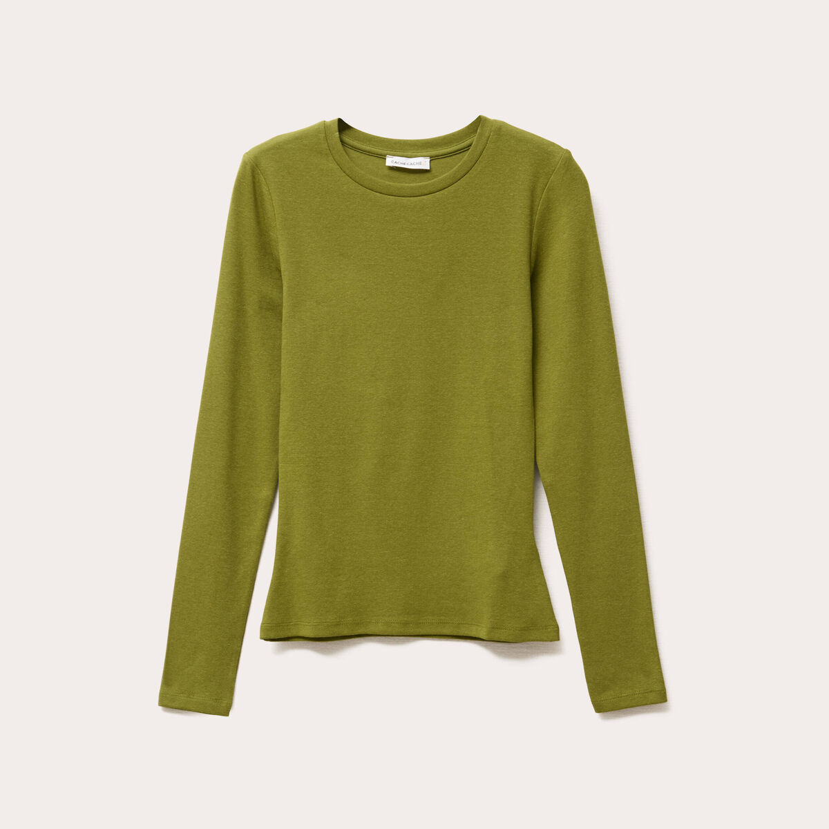 T-shirt cintr&eacute; col rond manches longues vert fonc&eacute; femme