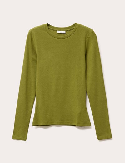T-shirt cintr&eacute; col rond manches longues vert fonc&eacute; femme