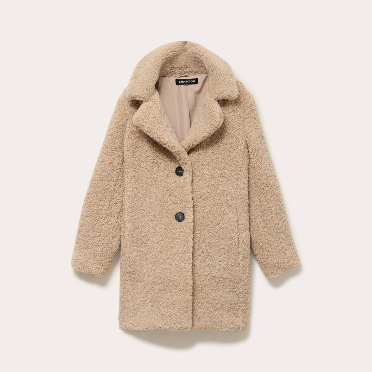 Manteau droit mi-long en bouclette beige femme