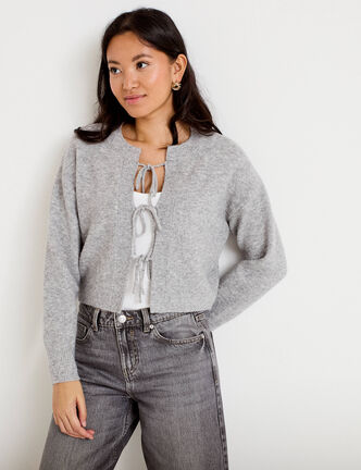 Gilet court nou&eacute; gris clair femme