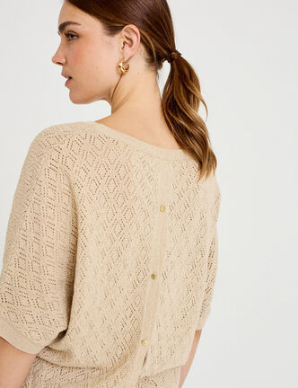 Pull ajour&eacute; col v manches courtes beige femme