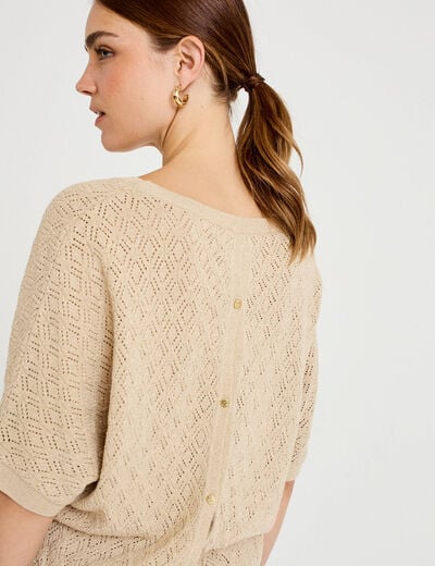 Pull ajour&eacute; col v manches courtes beige femme