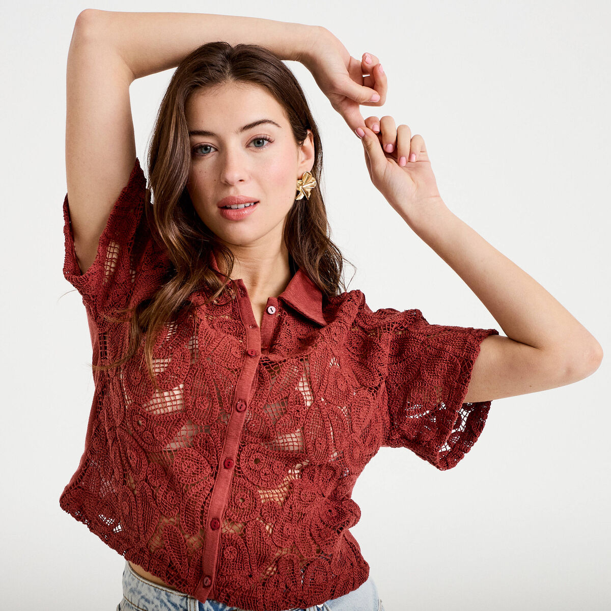 Chemise macram&eacute; manches courtes vieux rose femme