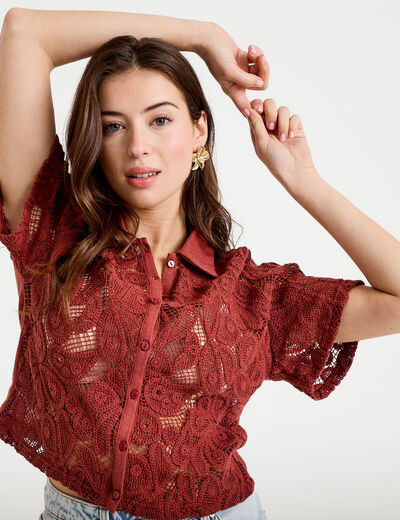 Chemise macram&eacute; manches courtes vieux rose femme