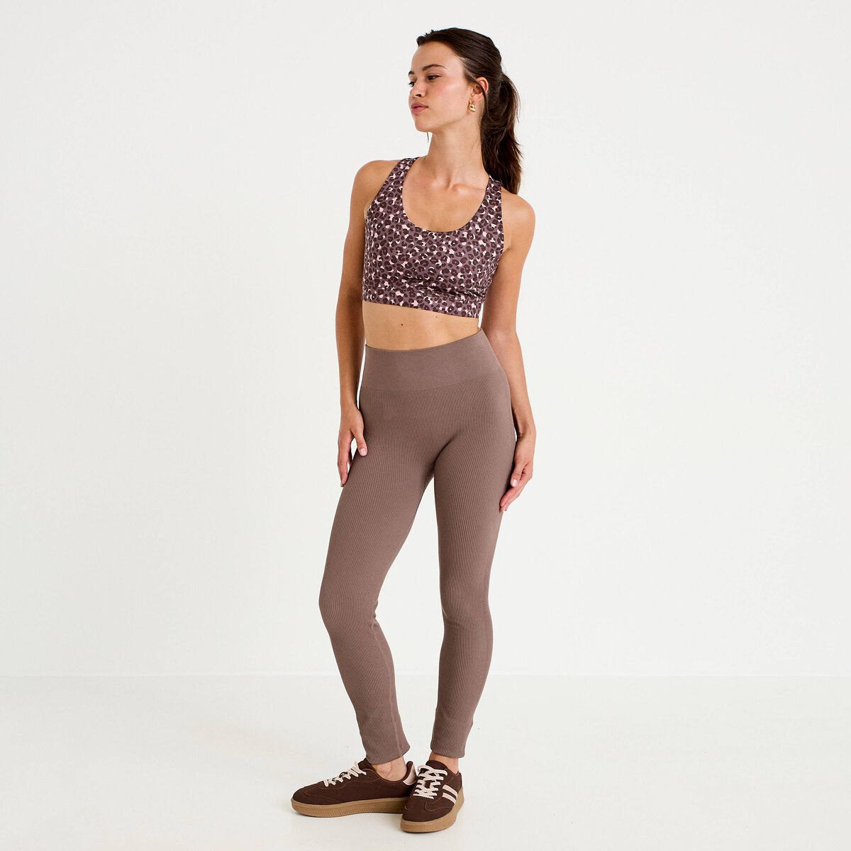 Leggings taille haute sans couture marron clair femme