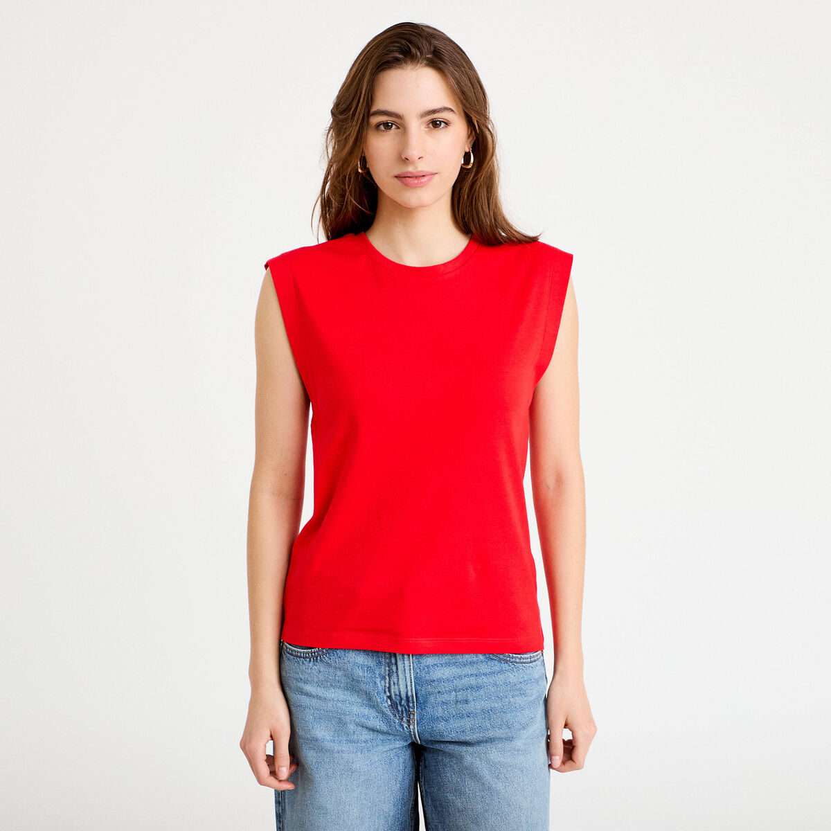 T-shirt col rond sans manches rouge femme