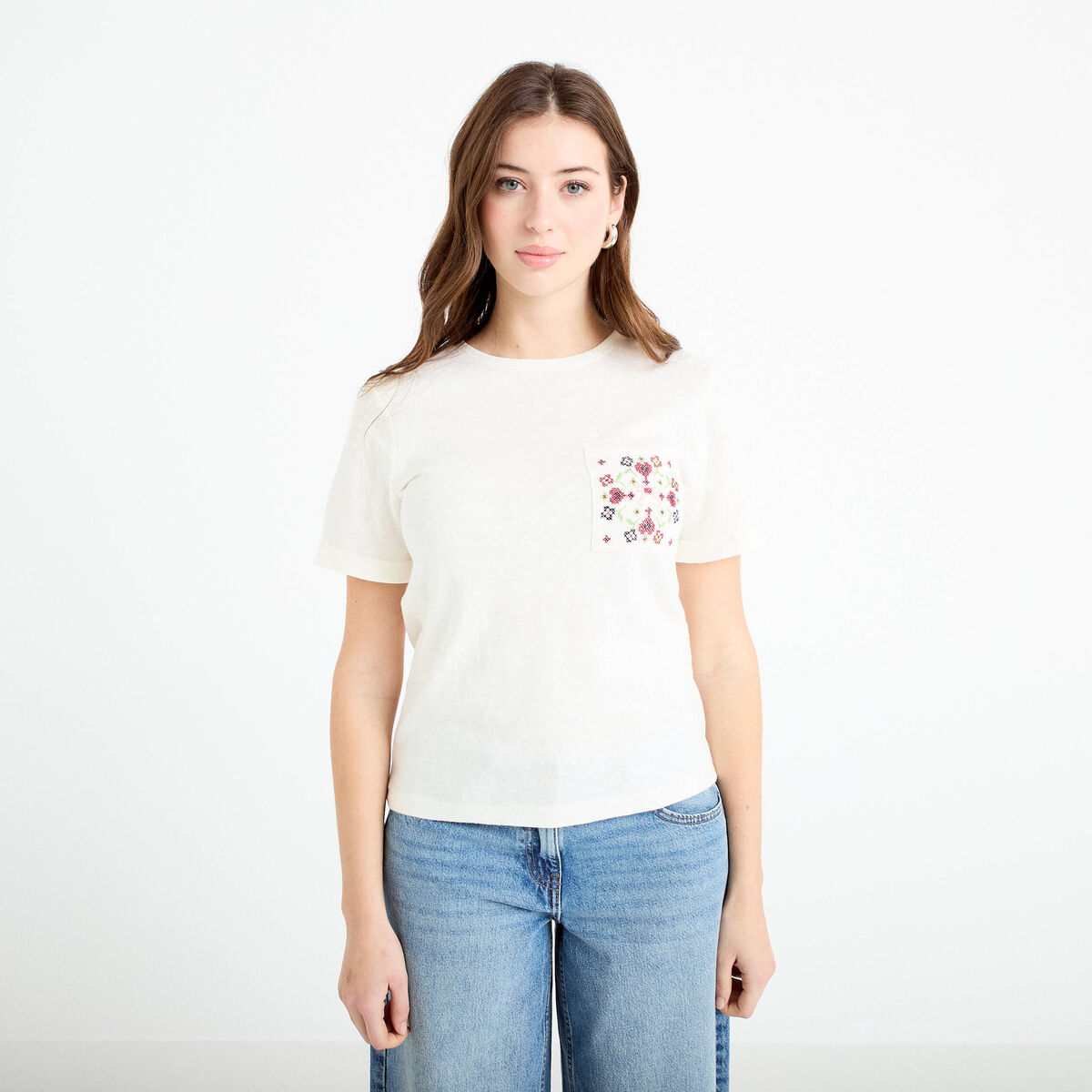 T-shirt col rond manches courtes ecru femme