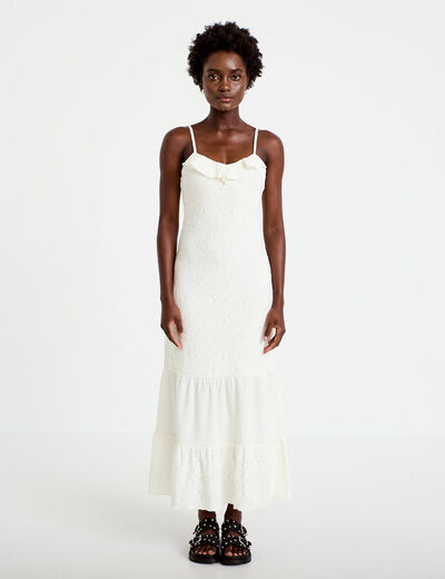 Robe longue &eacute;vas&eacute;e col v bretelles ecru femme