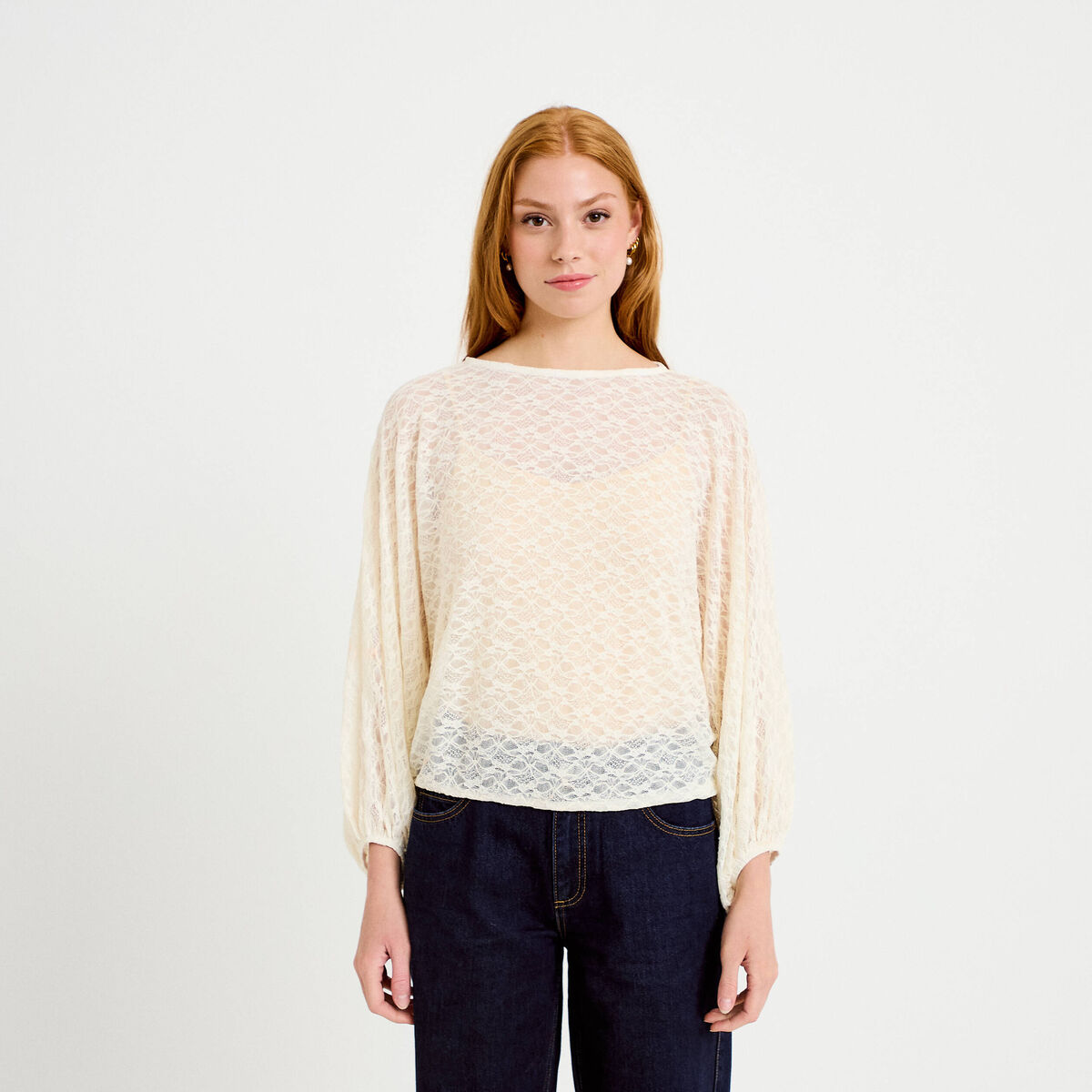 Blouse dentelle col rond manches longues ecru femme