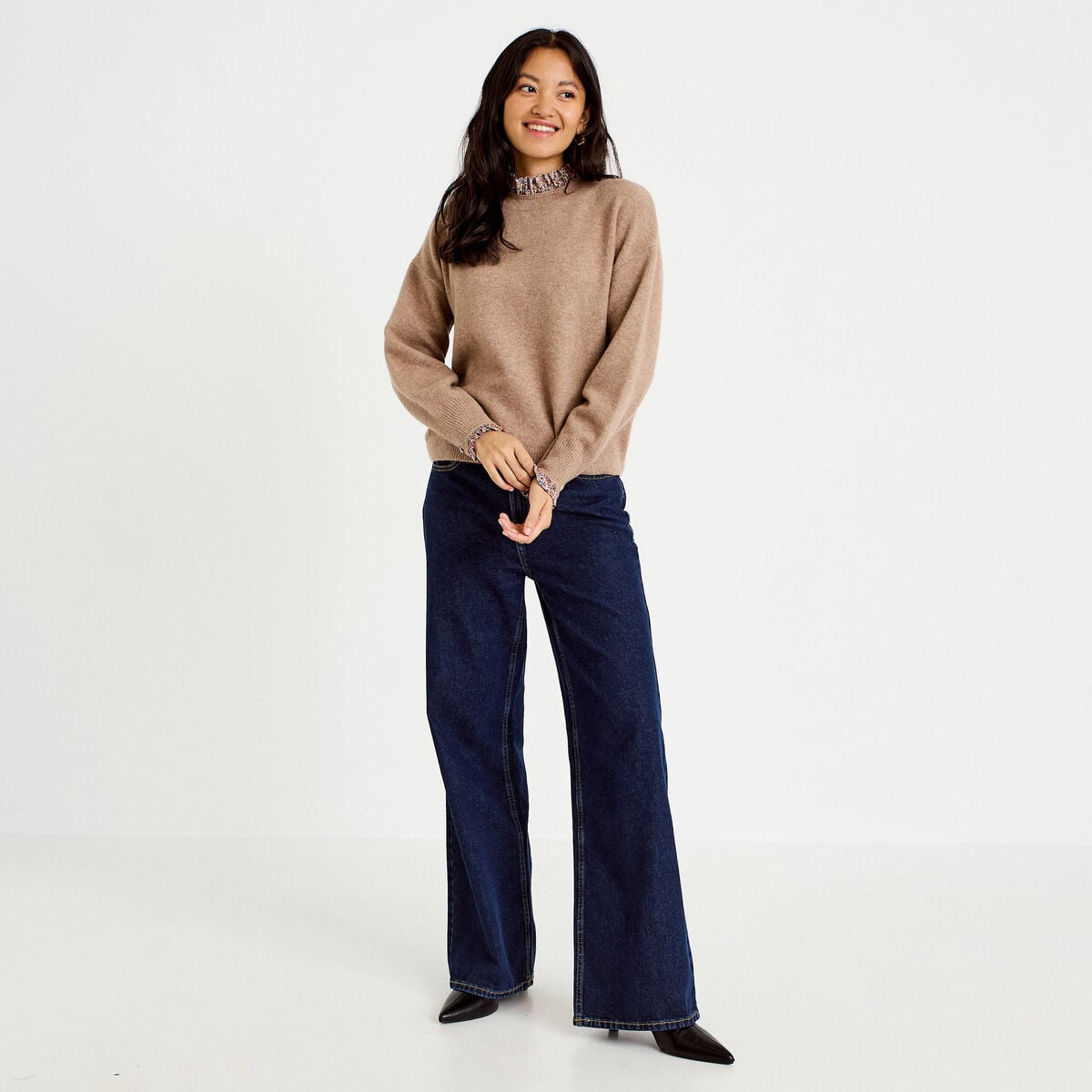 Pull col rond manches longues beige femme