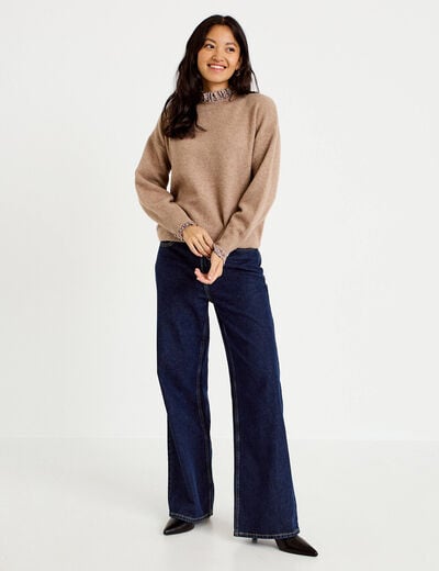 Pull col rond manches longues beige femme