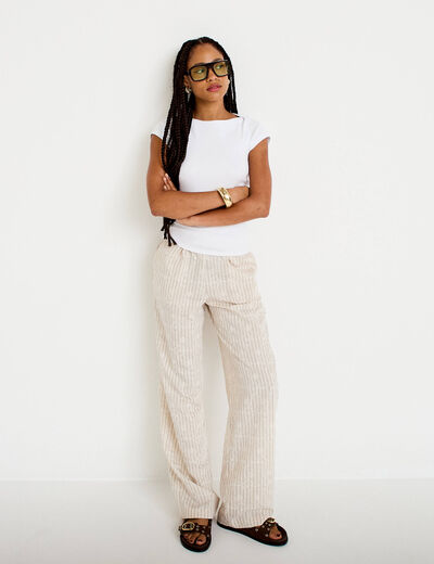 Pantalon large taille haute en velours creme femme