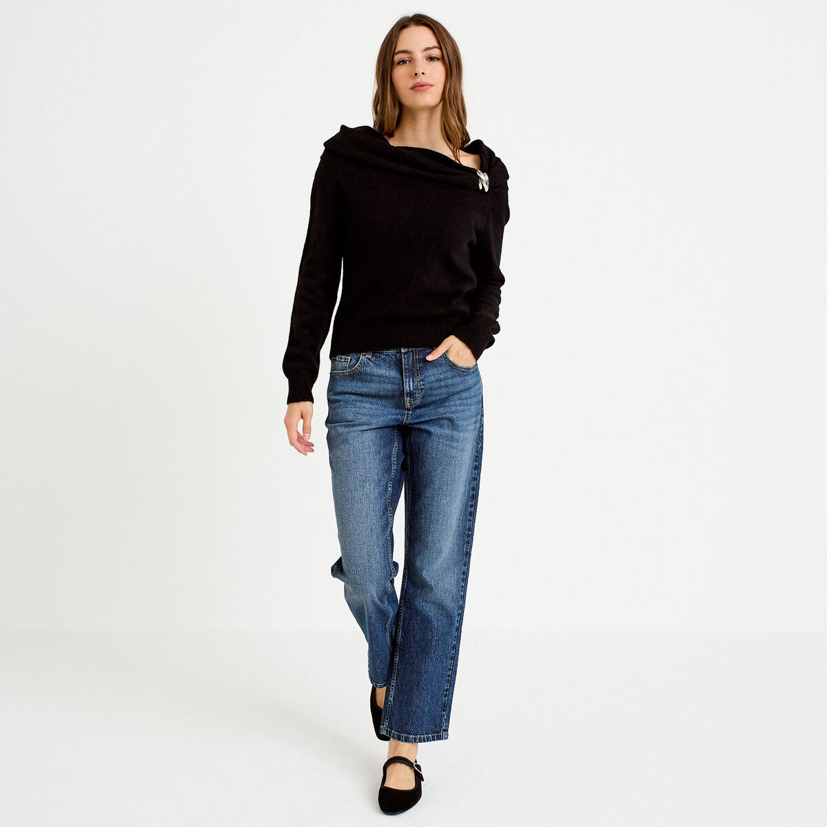Pull col bardot manches longues noir femme