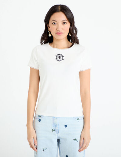 T-shirt col rond brod&eacute; Bridgerton ecru femme