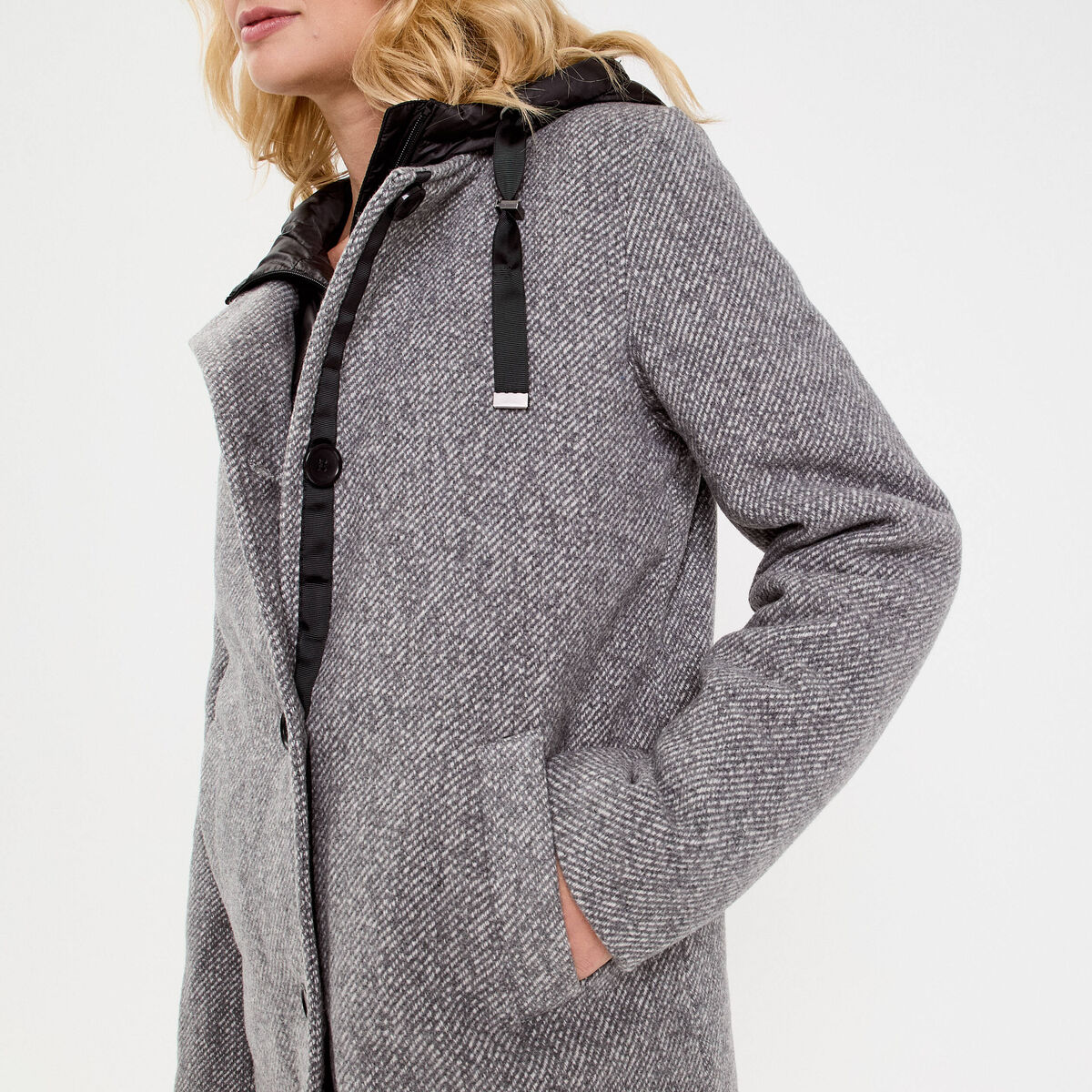 Manteau droit long &agrave; capuche gris clair femme