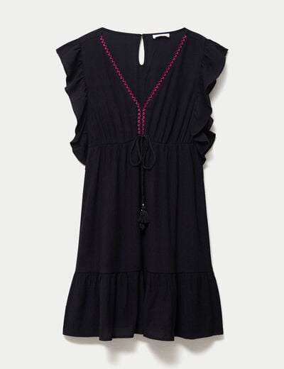 Robe &eacute;vas&eacute;e cr&ecirc;pe col v manches courtes noir femme