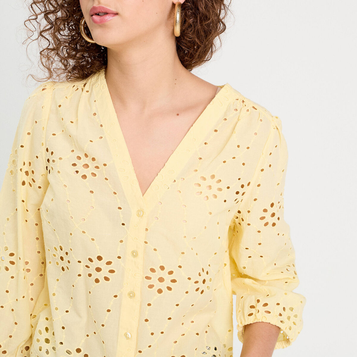 Blouse broderie anglaise jaune clair femme