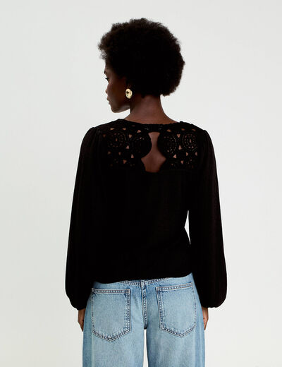 Blouse macram&eacute; bas &eacute;lastiqu&eacute; noir femme