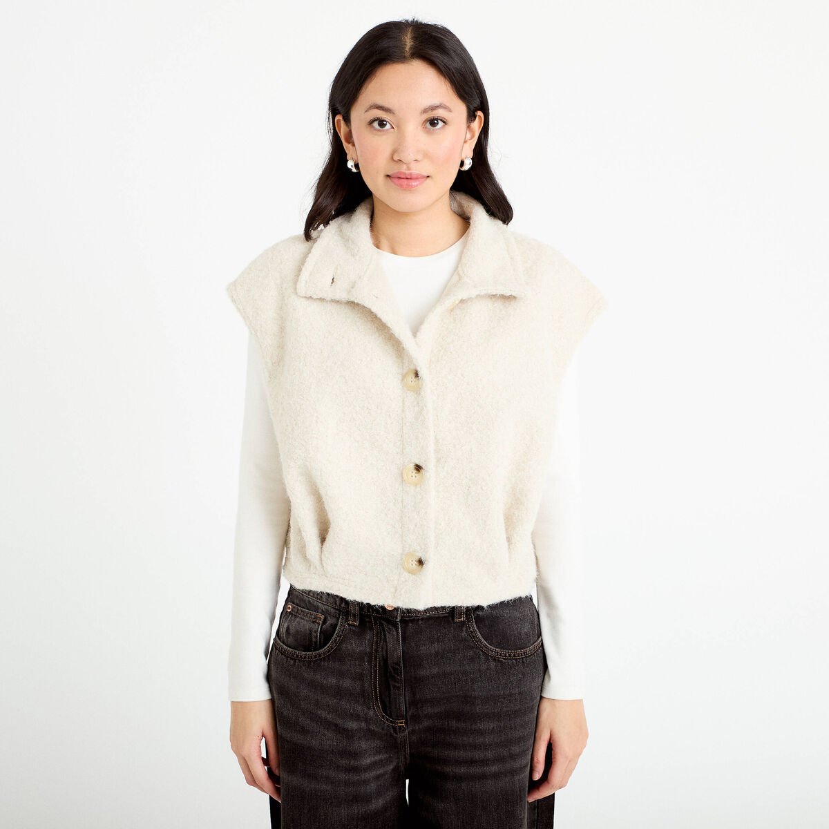 Veste bouclette sans manches col montant sable femme