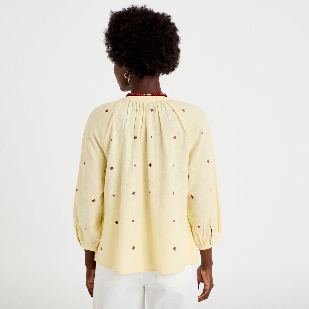 Blouse ample col tunisien manches 3/4 jaune pastel femme