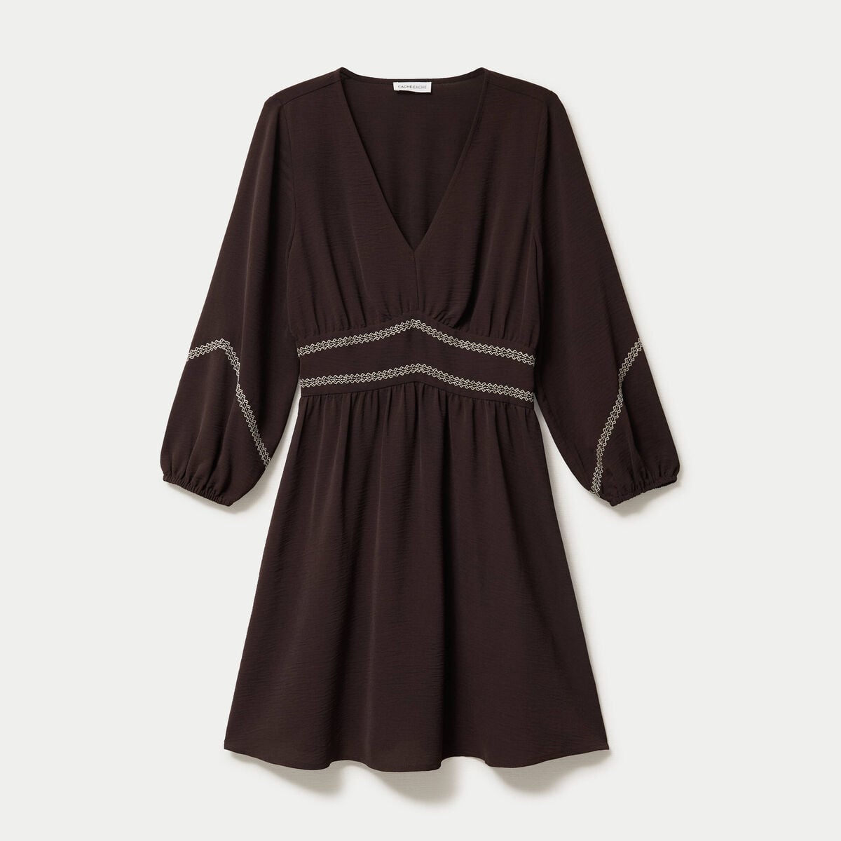 Robe courte &eacute;vas&eacute;e col v manches 3/4 marron fonc&eacute; femme