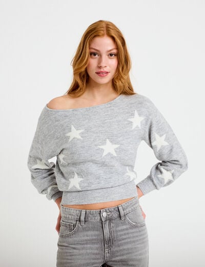 Pull col bateau manches longues gris clair femme