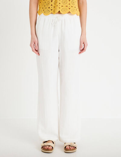 Pantalon large fluide taille &eacute;lastiqu&eacute;e ecru femme