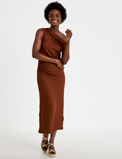 Robe midi droite sans manches en maille marron femme