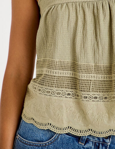 Top &agrave; bretelles broderie vert kaki femme