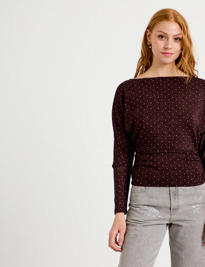 Top droit col bateau manches longues violet fonc&eacute; femme