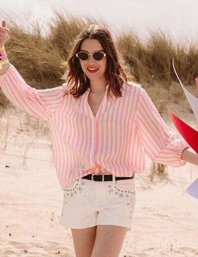 Blouse ample col tunisien manches 3/4 rose femme
