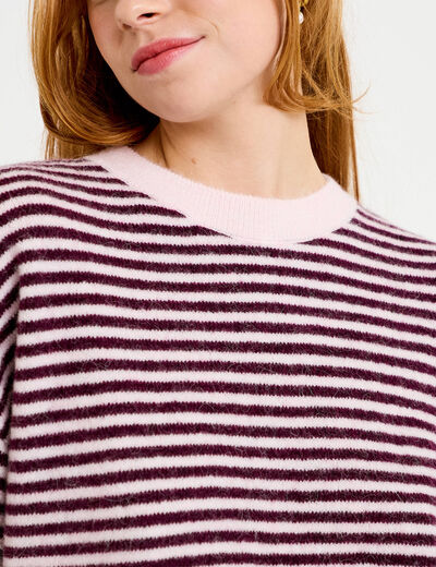 Pull ample duveteux manches courtes prune femme