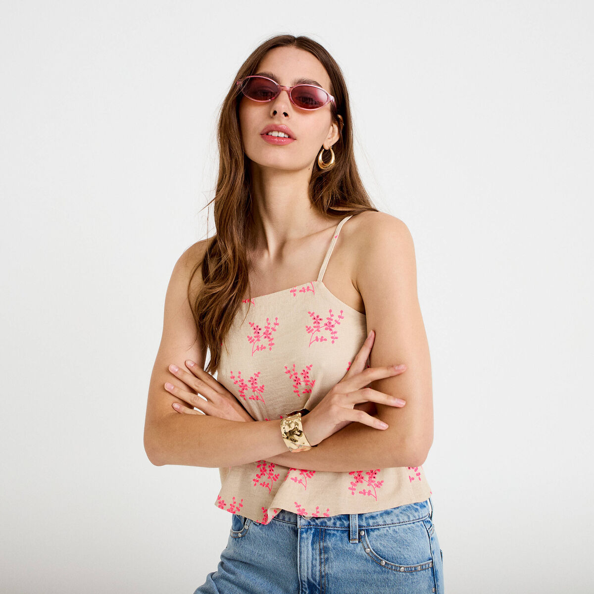 Top droit cropped col carr&eacute; bretelles rose femme