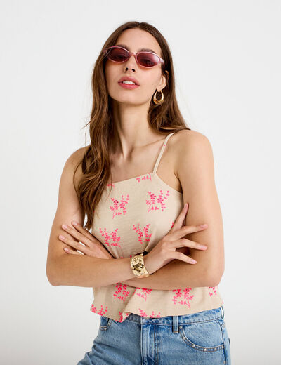 Top droit cropped col carr&eacute; bretelles rose femme