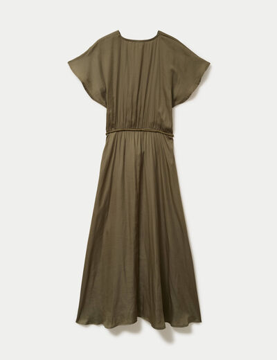 Robe longue &eacute;vas&eacute;e col v satin&eacute;e vert kaki femme
