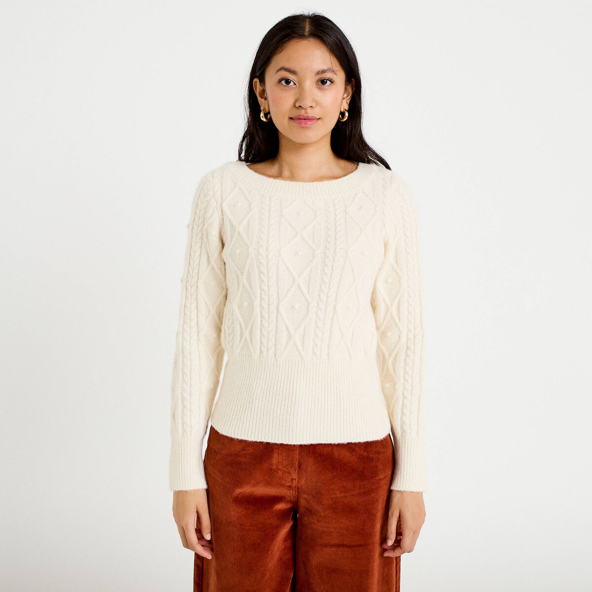Pull col bateau manches longues ivoire femme