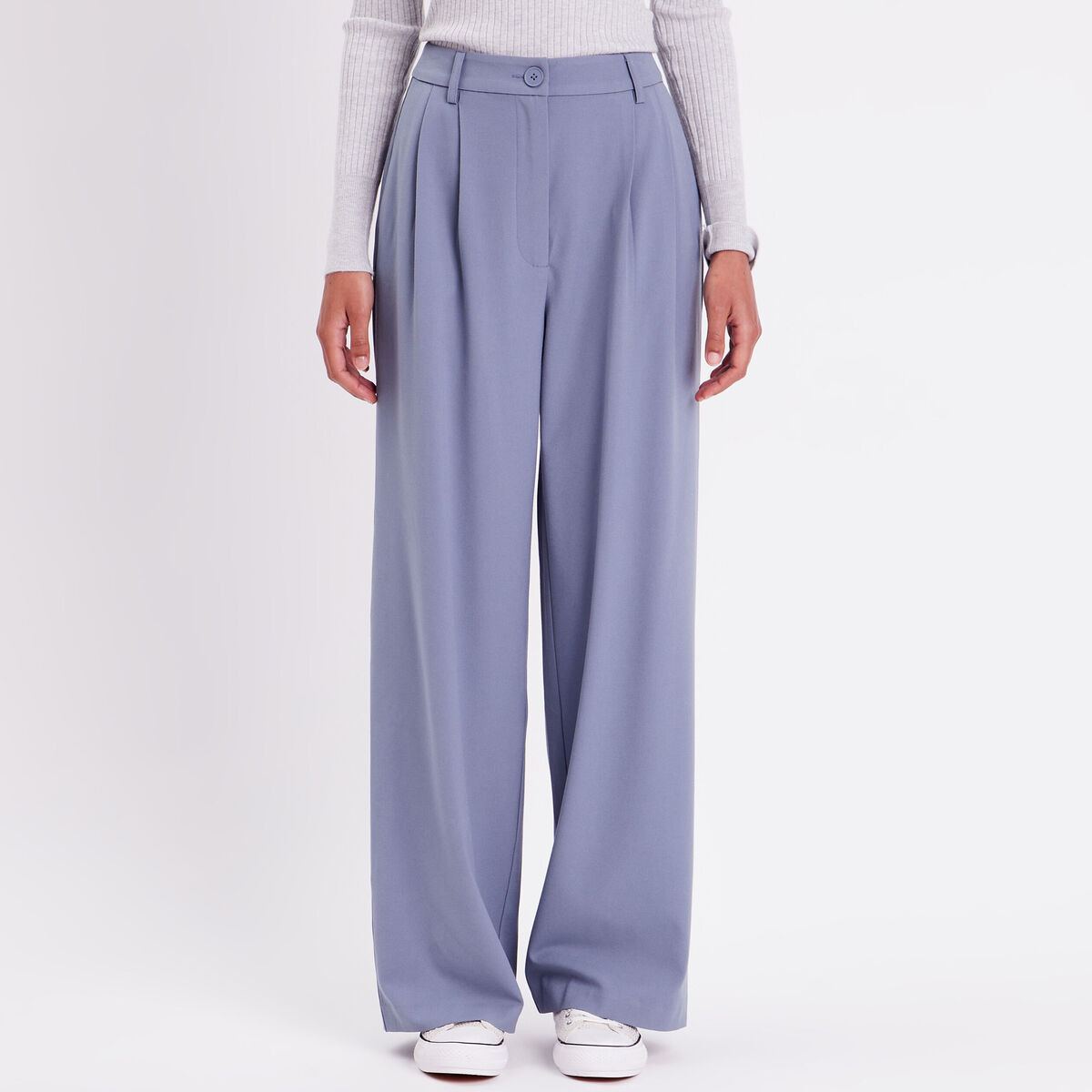 Pantalon large &agrave; pinces bleu gris femme