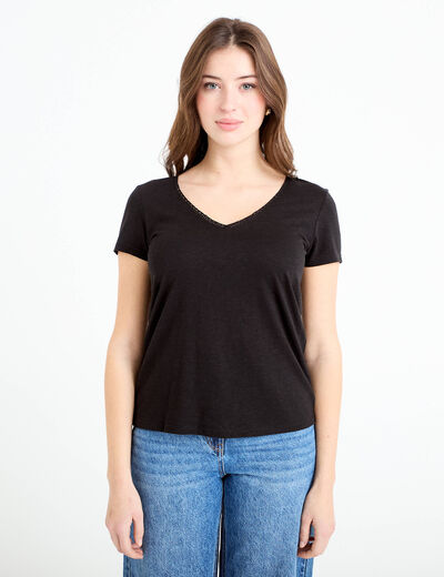 T-shirt col v manches courtes noir femme