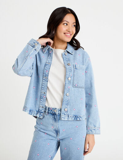 Surchemise denim broderies fleurs bleu fonc&eacute; femme