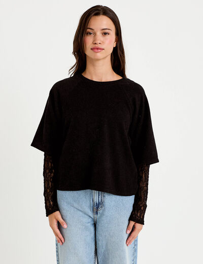 Top bi-mati&egrave;re dentelle col rond noir femme